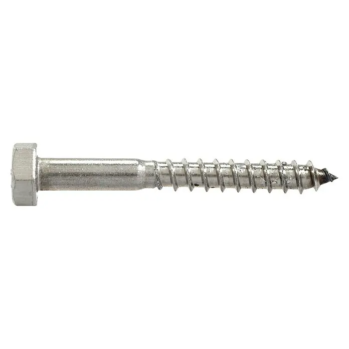Marinetech Sechskant-Holzschraube - Ø x L: 6 x 100 mm, Edelstahl, A4, Sechskantkopf, Außensechskant - Nahaufnahme einer silberfarbenen Sechskantschraube mit Holzgewinde, ideal für robuste Befestigungen im Bau- und Holzbereich.