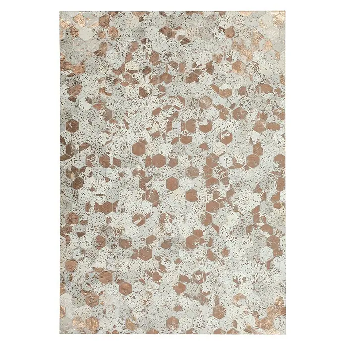 Kayoom Lederteppich Dazzle 200Elfenbein/Chrom, 230 x 160 cm, 100 % Leder - Einzigartiger Teppich mit einem Muster aus Kupfer-Hexagonen und weißen Sprenkeln, das jedem Raum einen Hauch von Eleganz verleiht.