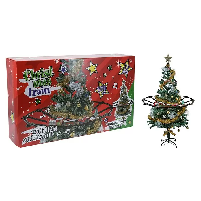 Christbaumschmuck Weihnachtszug - Rot, Schwarz, Kunststoff - Weihnachtszug-Set mit Licht, Ton und 270 cm Gleis zum Anbringen an einen Weihnachtsbaum, in Verpackung und montiert.