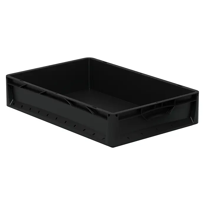 Surplus Systems Eurobox - L x B x H: 60 x 40 x 12 cm, Kunststoff, Schwarz - Ein schwarzer, rechteckiger Kunststoffbehälter, ideal für Lagerung und Transport, mit Griffen und Lüftungsschlitzen für vielseitige Nutzung.
