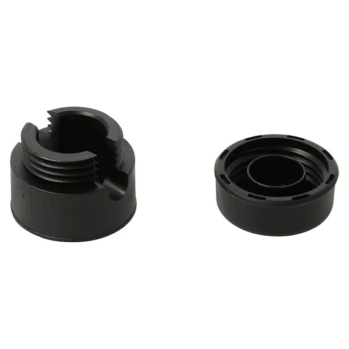 Lampen-Distanzaufhänger - Ø x H: 30 x 25 mm, Schwarz, Kunststoff, 2 Stk. - Schwarze Kunststoffteile: Eine Gewindebuchse und eine Kappe, wahrscheinlich für Sanitärinstallationen oder ähnliche Anwendungen.