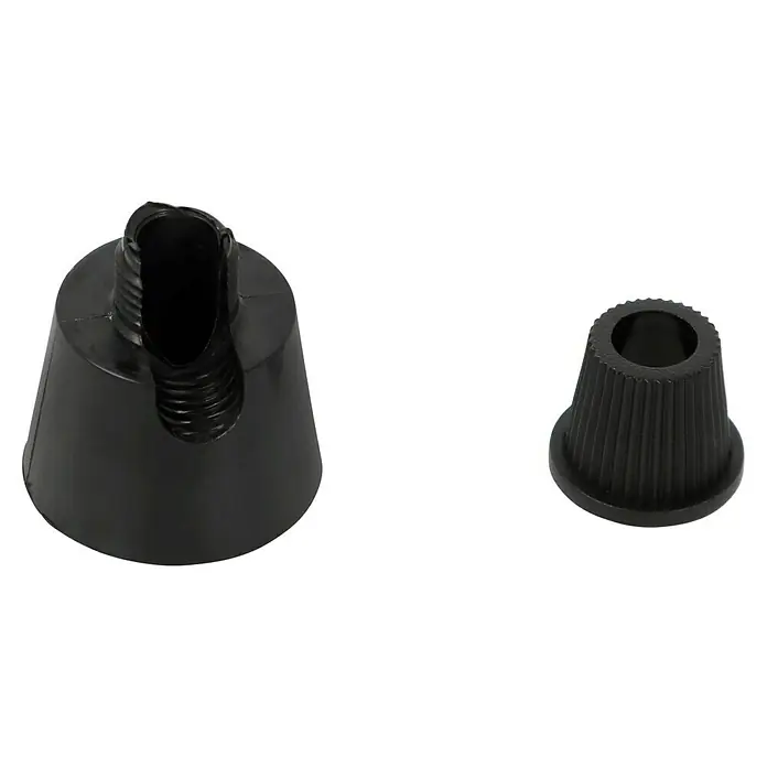 Lampen-Distanzaufhänger - Ø x H: 24 x 30 mm, Schwarz, Kunststoff, 1 Stk. - Ein detailliertes Foto von zwei schwarzen Zugentlastungen, die für elektrische Kabel oder Lampen verwendet werden. Sie sind aus Kunststoff gefertigt und haben geriffelte Oberflächen.