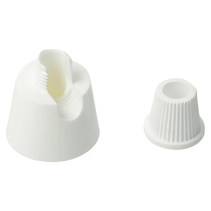 Lampen-Distanzaufhänger - Ø x H: 24 x 30 mm, Weiß, Kunststoff, 1 Stk. - Nahaufnahme eines weißen Ausgießers und eines Schraubverschlusses. Die Teile sind aus Plastik und haben eine glatte Oberfläche.