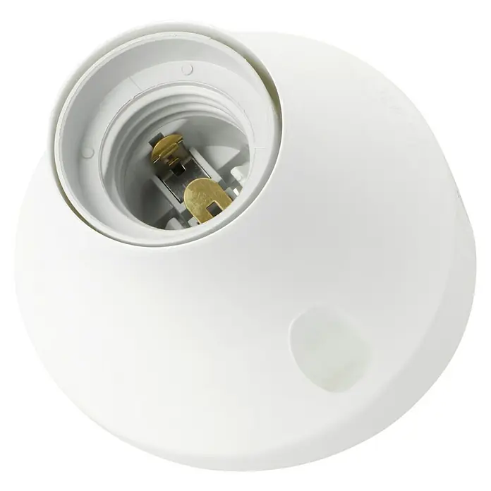 Wandfassung schräg - E27, Weiß, Material: Kunststoff, Max. Anschlussleistung: 60 W - Nahaufnahme einer weißen Lampenfassung, die ein einfaches und funktionales Design für Beleuchtungszwecke zeigt.