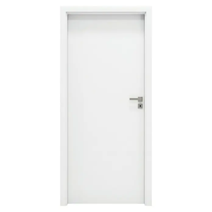 Invado Zimmertür ND1 - 860 x 1.985 mm, DIN Anschlag: Rechts, Verkehrsweiß matt, Wabe - Eine moderne, weiße Innentür mit einem schlichten, silberfarbenen Türgriff. Ideal für minimalistische Wohnstile.