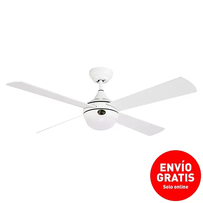 Purline Ventilador de techo Raica - Blanco, 122 cm, 20 W - Ventilador de techo blanco con cuatro aspas y luz de globo integrada.