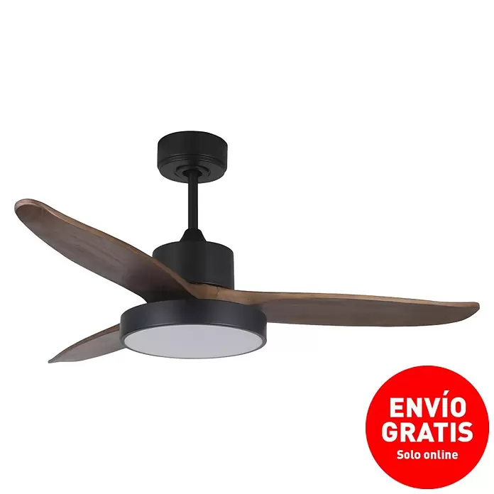 Purline Ventilador de techo Darkwind - Madera oscura, 132 cm, 35 W - Ventilador de techo negro con tres aspas de madera y luz LED redonda integrada.