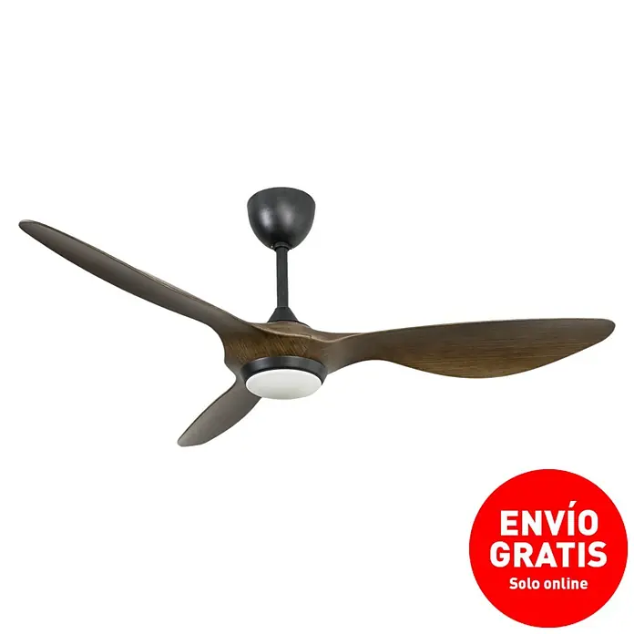Purline Ventilador de techo Helix Wood - Negro/Madera, 132 cm, 35 W, Blanco cálido - Ventilador de techo con tres palas de aspecto madera y luz LED integrada para una iluminación agradable.