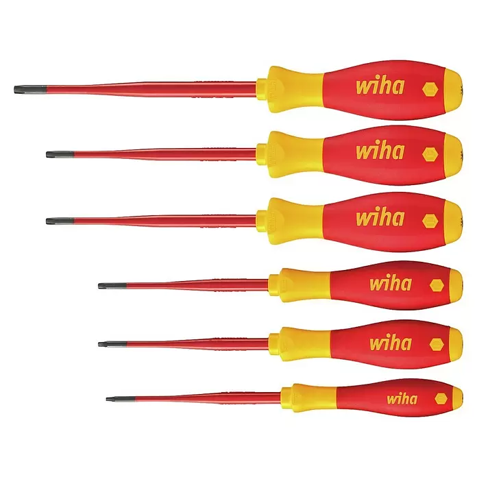 Wiha Schraubendreher-Set SoftFinish® electric slimFix VDE - 6 -tlg., TX mit Bohrung - Isoliertes Schraubendreher-Set mit rot/gelben Griffen und roten Schäften, verschiedene Antriebsarten.