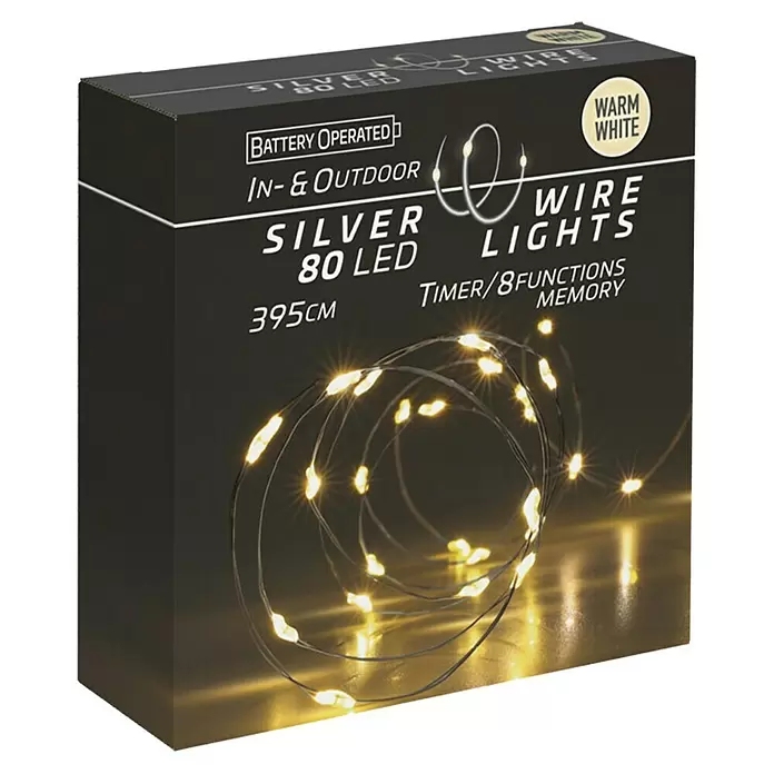 LED-Lichterdraht - Außen, 395 cm, Lichtfarbe: Warmweiß, 80 Stk., Batteriebetrieben - Verpackung batteriebetriebener Silberdraht-Lichterkette, warmweiß, 80 LEDs, für innen & außen.