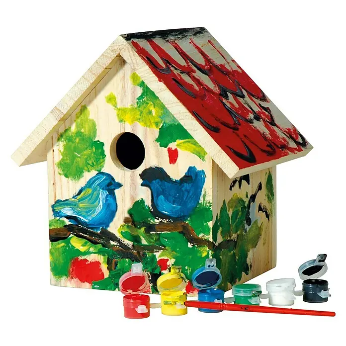 Dobar Nistkasten - 17,5 x 15,5 x 20,5 cm, Natur - Ein bunt bemaltes Vogelhaus-Set mit Farben und Pinsel, ideal für kreative Projekte und zur Förderung der Tierwelt im Garten.