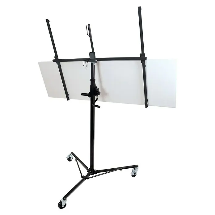 Rikta Plattenlift - 40 kg, Höhenverstellung: 155 cm - 300 cm - Seitenansicht einer schwarzen Staffelei mit Rollen und einer weißen Leinwand. Ideal für Präsentationen und Ausstellungen.