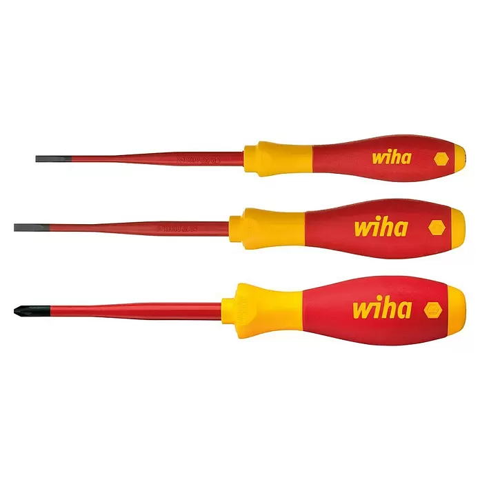 Wiha Schraubendreher-Set SoftFinish® electric slimFix VDE - 3 -tlg., SL, PZ - Drei isolierte Wiha Schraubendreher mit rot-gelben Griffen. Zwei Schlitz- und ein Kreuzschlitz.