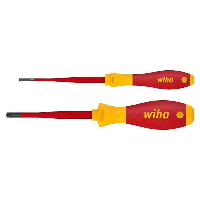 Wiha Schraubendreher-Set SoftFinish® electric slimFix VDE - 2 -tlg., SL, SL/PZ - Zwei Wiha Schraubendreher mit roten und gelben Griffen. Einer hat einen Schlitzkopf, der andere einen Sternkopf.