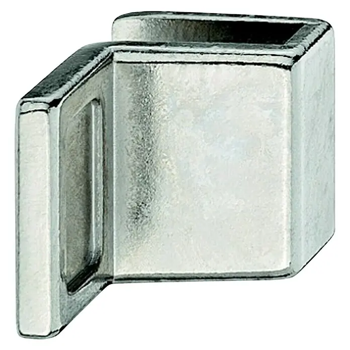 Häfele Pomo para puerta de vidrio - Apto para: Grosor del vidrio 4 - 6 mm, L x An x Al: 20 x 20 x 28 mm, Zinc fundido, Plateado, Amortiguador de plástico - Primer plano de un conector metálico cuadrado y brillante para muebles, que ofrece estabilidad y una estética moderna.