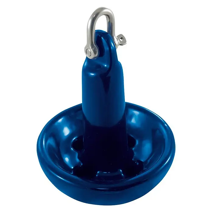 Marinetech Pilzanker - 4,5 kg, Gummiummantelt - Nahaufnahme eines blauen Ankers mit einem Metallbügel, der sich ideal für Bootsfahrten oder als dekoratives nautisches Element eignet.