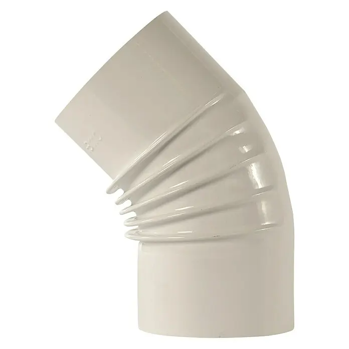 Ofenrohrbogen - Durchmesser: 150 mm, Bogenwinkel: 45 °, Emailliert, Weiß - Ein weißer, flexibler PVC-Rohrbogen, ideal für Abwasserleitungen. Er erleichtert die Installation und sorgt für sichere Verbindungen.