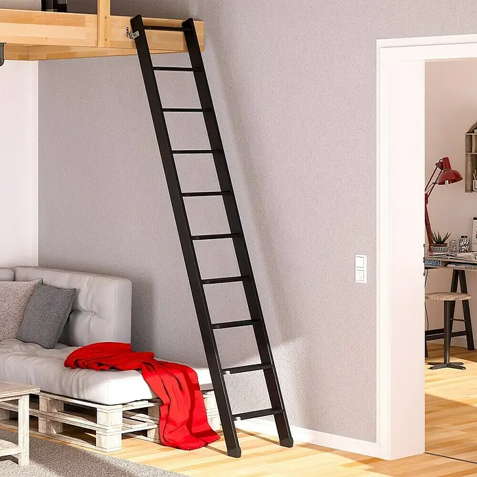 Dolle Hochbettleiter - Holz, Schwarz, Anzahl Stufen: 10 Stk., Geschosshöhe: 237 cm - Schwarze Leiter angelehnt an einer grauen Wand, die zu einem Hochbett führt.