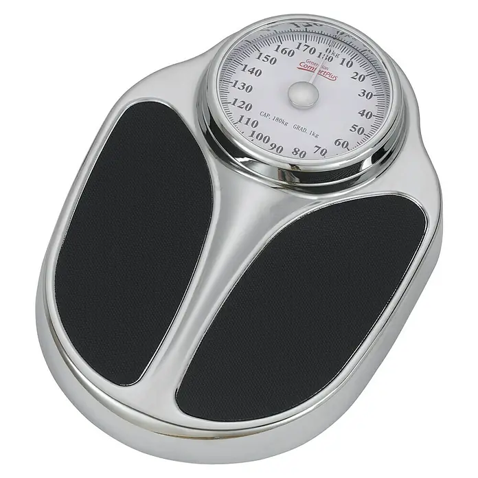 careosan Personenwaage - Analog, Belastbarkeit: 180 kg - Eine mechanische Personenwaage in Chromoptik mit einer gut lesbaren analogen Anzeige für eine präzise Gewichtsmessung im Alltag.