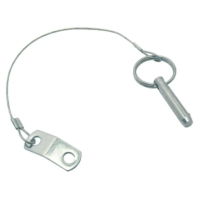 Marinetech Steckbolzen - Ø x L: 6,3 x 250 mm, Edelstahl, A2 - Ein silberner Bolzen mit einem Ring und einem Drahtseil, der an einem Metallstück befestigt ist.