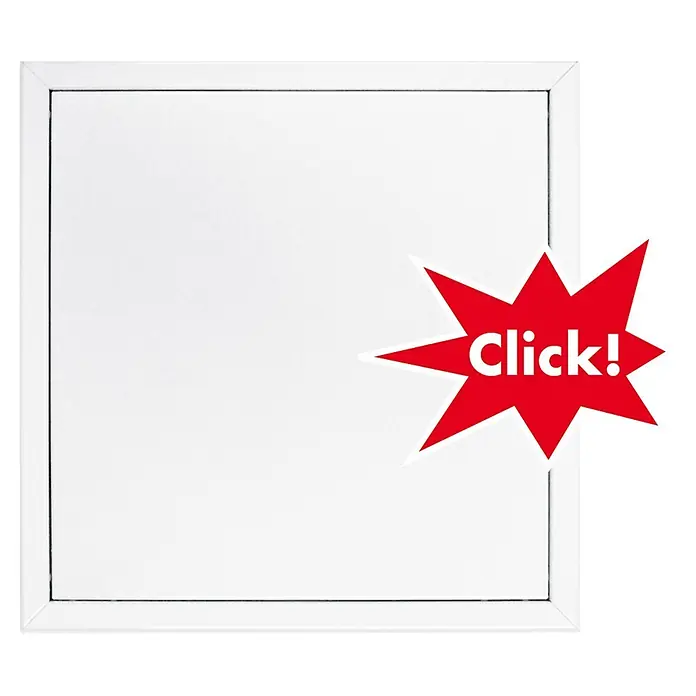 Probau Revisionstür - 20 x 20 cm, Beschichtet, Druckverschluss - Ein weißer, quadratischer Revisionsschacht mit einem roten "Click!"-Aufkleber darauf, ideal für den einfachen Zugang zu verborgenen Installationen.