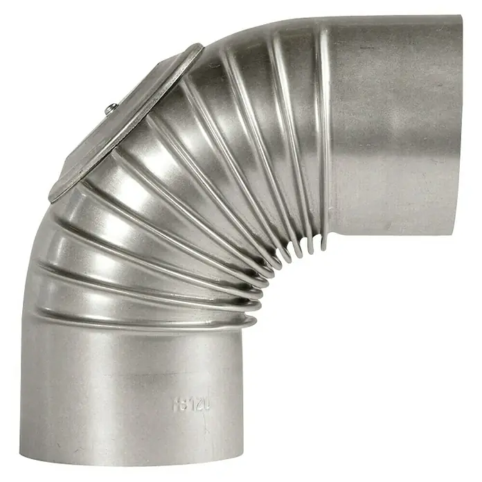 Ofenrohrbogen - Durchmesser: 130 mm, Bogenwinkel: 90 °, Mit Reinigungsöffnung, Feueraluminiert, Silbergrau - Nahaufnahme eines 90-Grad-Ofenrohrbogens aus Metall, der für die Installation von Heizsystemen unerlässlich ist.