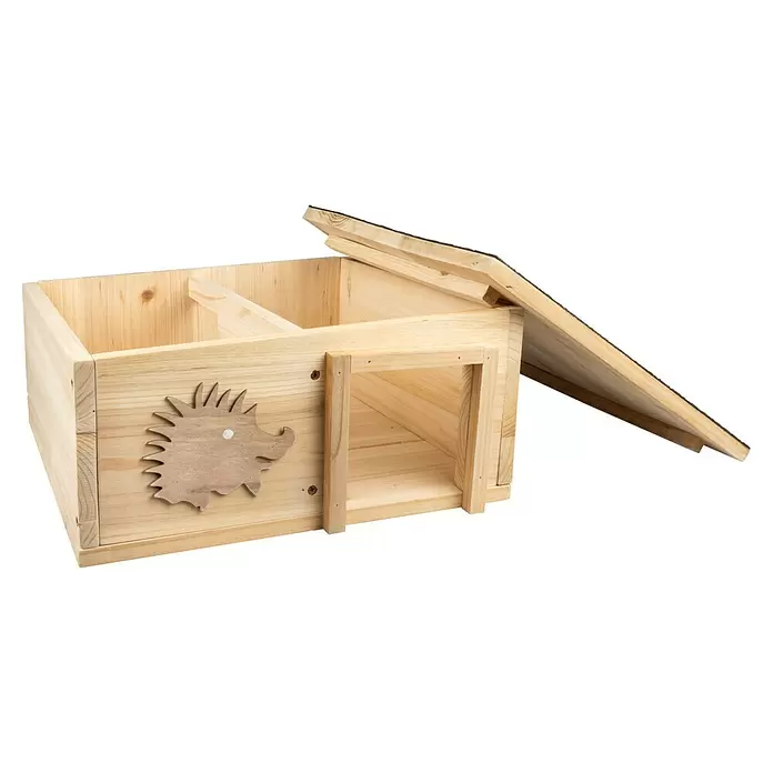Windhager Igelhaus Bausatz - Holz, Braun - Helles Holz-Igelhaus mit offenem Klappdach, internen Trennwänden und einer geschnitzten Igel-Silhouette.