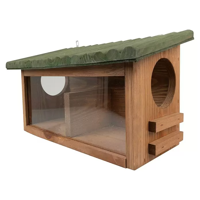 Windhager Futterstation XL - Holz, Braun/Grün - Futterhaus aus Holz mit grünem Dach, transparenter Front und seitlichem Eingang mit Sitzstangen.