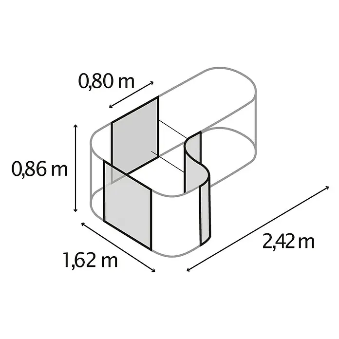 Vitavia Hochbeet-Erweiterung Curve 858 - 80 x 86 cm, Stahl, Aluminium - Abbildung eines Raumteilers mit den Maßen 0,80 m Breite, 0,86 m Höhe, 1,62 m Tiefe und 2,42 m Länge.