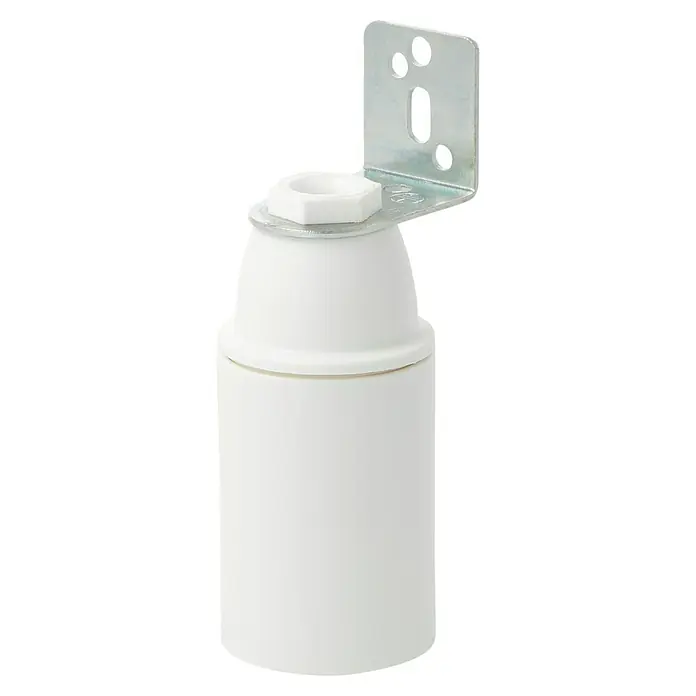 Voltomat Winkel-Lampenfassung - Weiß, E14 - Nahaufnahme einer weißen Lampenfassung mit Metallhalterung zur Wandmontage. Ideal für Innen- und Außenbereiche.