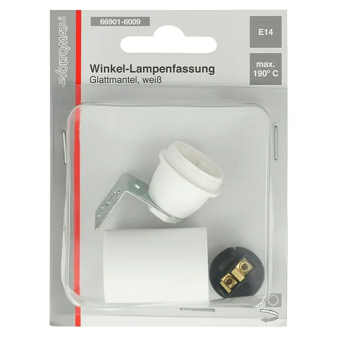 Voltomat Winkel-Lampenfassung - Weiß, E14 - Abgewinkelte Lampenfassung mit Glattmantel, weiß. Maximale Temperatur: 190° C. E14 Sockel für eine optimale Beleuchtung.