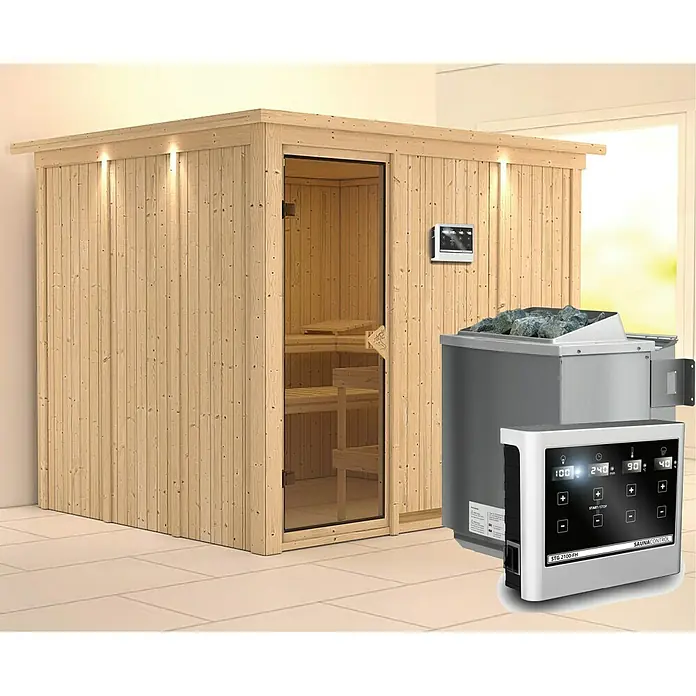 Karibu Elementsauna Gobin - Mit 9 kW Bio-Ofen mit externer Steuerung, Mit Dachkranz und Beleuchtung, L x B x H: 245 x 210 x 192 cm - Sauna mit digitaler Steuerung und Ofen für ein entspannendes Saunaerlebnis, für den privaten Wellnessbereich.