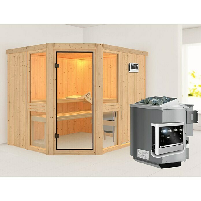 Karibu Elementsauna Amelia 3 (Mit 9 kW Bio-Ofen mit externer Steuerung, Ohne Dachkranz, L x B x H: 231 x 196 x 192 cm)