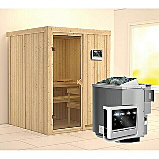 Karibu Elementsauna Norin (Mit 9 kW Bio-Ofen mit externer Steuerung, Ohne Dachkranz, Materialspezifizierung Tür: Ganzglas Bronze, L x B x H: 151 x 151 x 192 cm)