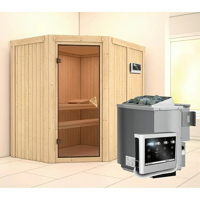 Karibu Elementsauna Carin - Mit 9 kW Bio-Ofen mit externer Steuerung, Ohne Dachkranz, L x B x H: 151 x 196 x 192 cm - Ein atemberaubendes Saunadesign mit einem Ofen, der mit Steinen und einer Saunasteuerung ausgestattet ist, die das Erlebnis noch angenehmer macht.