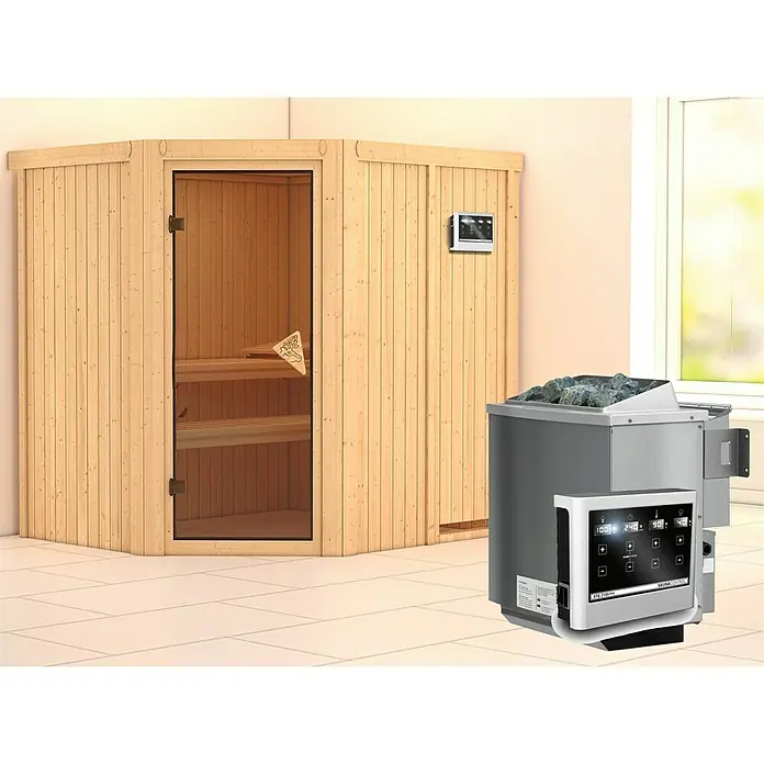 Karibu Elementsauna Siirin - Mit 9 kW Bio-Ofen mit externer Steuerung, Ohne Dachkranz, Materialspezifizierung Tür: Ganzglas Bronze, L x B x H: 196 x 170 x 192 cm - Saunakabine mit Ofen und Steuerung, ideal für entspannende Wellnessmomente. Das perfekte Saunaerlebnis für Zuhause.
