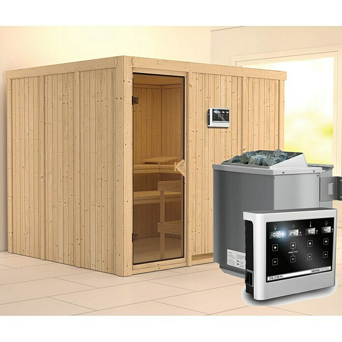 Karibu Systemsauna Gobin (Mit Sauna Bio-Ofen 9 kW inkl. Steuerung Easy, Ohne Dachkranz, 196 x 231 x 198 cm)