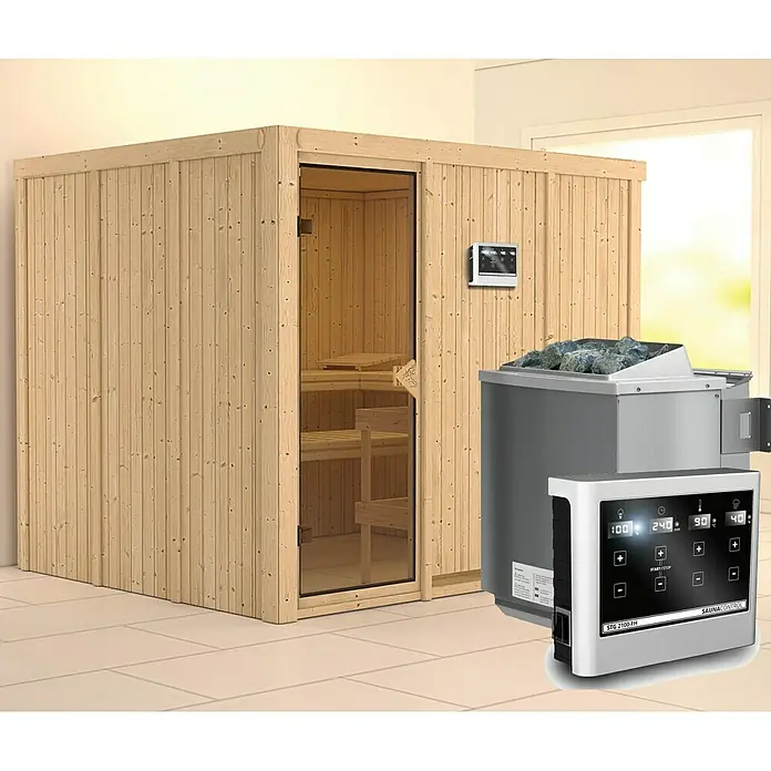 Karibu Elementsauna Gobin - Mit 9 kW Bio-Ofen mit externer Steuerung, Ohne Dachkranz, L x B x H: 231 x 196 x 192 cm - Abbildung einer modernen Sauna mit Holzverkleidung, Glastür und digitalem Bedienfeld. Das perfekte Entspannungserlebnis für Zuhause.