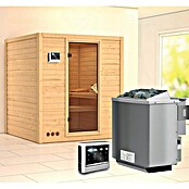 Karibu Massivholzsauna Mojave (Mit Sauna Bio-Ofen 9 kW inkl. Steuerung Easy, Ohne Dachkranz, Ganzglas Bronze, 184 x 193 x 208 cm)