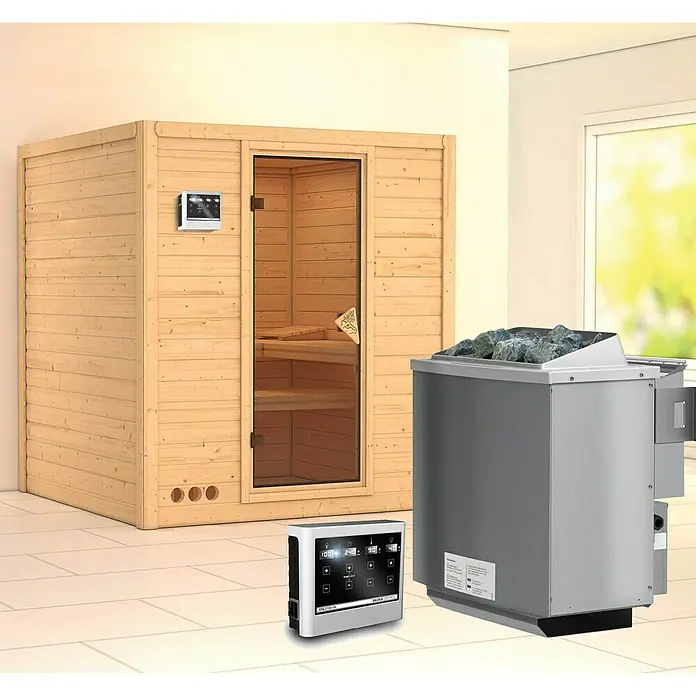 Karibu Elementsauna Mojave - Mit 9 kW Bio-Ofen mit externer Steuerung, Ohne Dachkranz, Materialspezifizierung Tür: Ganzglas Bronze, L x B x H: 196 x 196 x 192 cm - Abbildung einer Sauna mit Ofen und Steuerung, die ein entspannendes Wellness-Erlebnis verspricht. Perfekt für Ihr Zuhause.