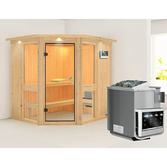 Karibu Elementsauna Amelia 1 - Mit 9 kW Bio-Ofen mit externer Steuerung, Mit Dachkranz und Beleuchtung, L x B x H: 210 x 184 x 192 cm - Sauna mit Saunaofen zur Entspannung und für gesundheitliche Vorteile. Ein perfekter Ort, um Körper und Geist zu revitalisieren.