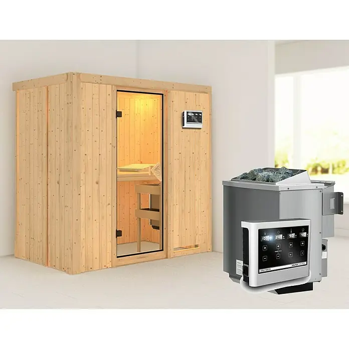 Karibu Elementsauna Variado - Ohne Dachkranz, Mit 9 kW Bio-Ofen mit externer Steuerung, L x B x H: 196 x 118 x 192 cm - Produktansicht einer Sauna mit einem Ofen und einem Bedienfeld, die die Funktionen der Sauna steuern.
