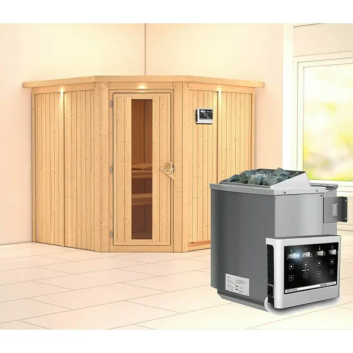 Karibu Elementsauna Jarin - Mit 9 kW Bio-Ofen mit externer Steuerung, Mit Dachkranz und Beleuchtung, Materialspezifizierung Tür: Massivholztür, L x B x H: 210 x 210 x 192 cm - Abbildung einer Sauna mit Saunaofen. Die Sauna ist aus hellem Holz gefertigt und verfügt über eine Glastür. Der Ofen ist grau und hat einen digitalen Temperaturregler.