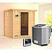 Karibu Massivholzsauna Mojave (Mit Sauna Bio-Ofen 9 kW inkl. Steuerung Easy, Mit Dachkranz und Beleuchtung, Ganzglas Graphit, 184 x 193 x 208 cm)