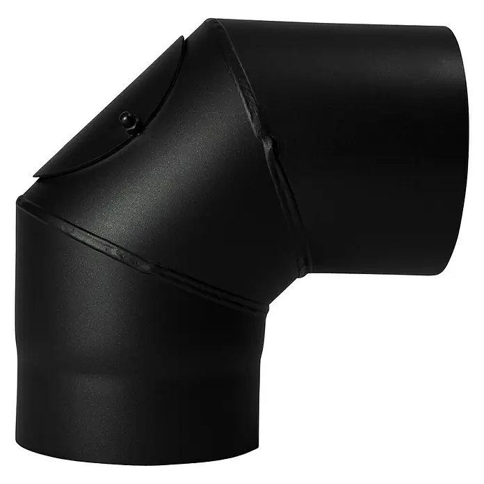 Ofenrohrbogen - Durchmesser: 200 mm, Bogenwinkel: 90 °, Mit Reinigungsöffnung, Senotherm lackiert, Schwarz Metallic, Eckig - Nahaufnahme eines schwarzen, abgewinkelten Ofenrohrs, das die robuste Konstruktion und die präzise Verarbeitung für den Einsatz in Heizsystemen zeigt.