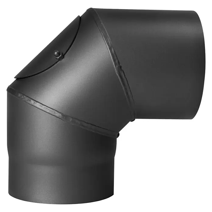 Ofenrohrbogen - Durchmesser: 150 mm, Bogenwinkel: 90 °, Mit Reinigungsöffnung, Senotherm lackiert, Gussgrau, Eckig - Schwarzer Rauchrohrbogen für den Ofenanschluss mit einer Klappe für einfache Reinigung.