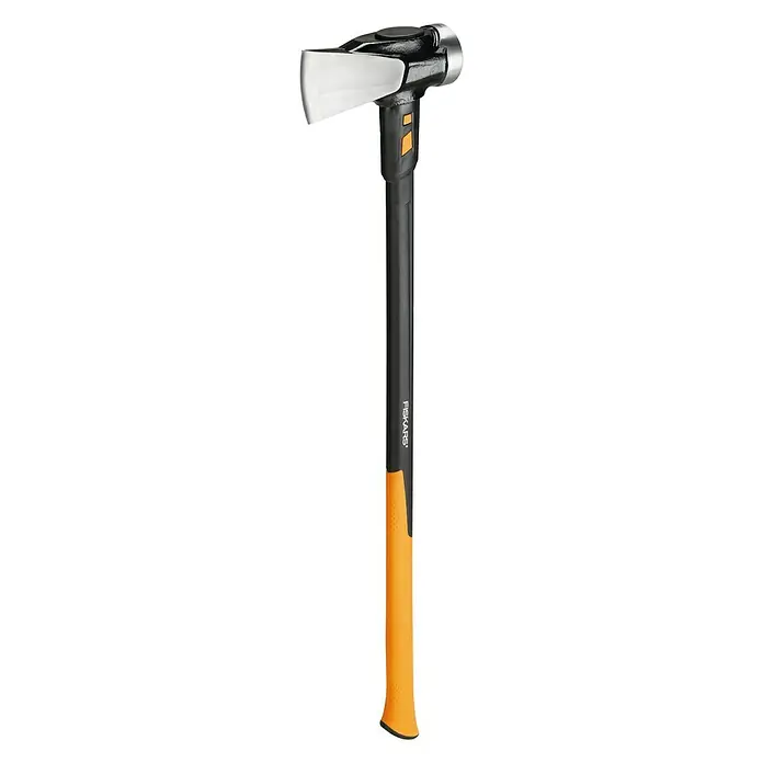 Fiskars Spalthammer XXL - Gewicht Kopf: 3.600 g - Das Bild zeigt einen Fiskars Spalthammer mit einem schwarzen Griff und einem orangenen Griffende. Er ist zum Holzspalten konzipiert und ein robustes Werkzeug.