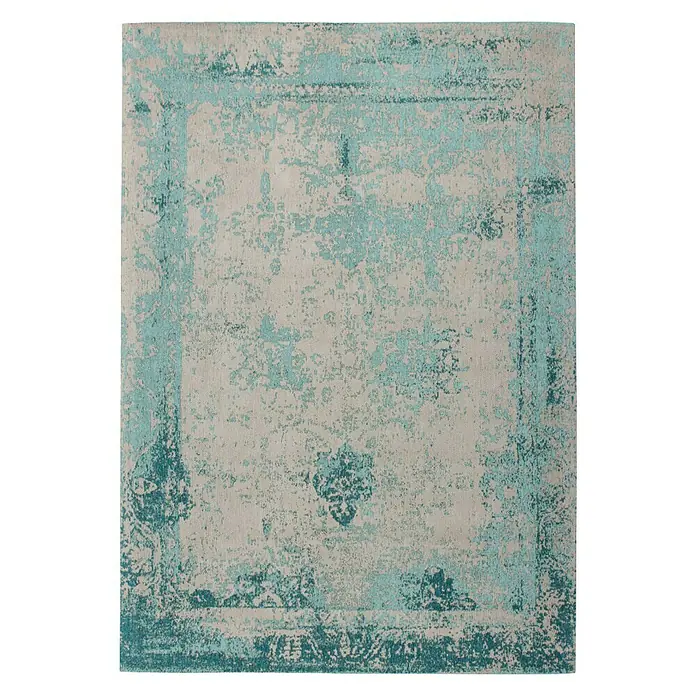 Kayoom Flachgewebeteppich Select 275 - Türkis, 170 x 120 cm, 50% Baumwolle, 50% Polyester Chenille - Ein rechteckiger Teppich mit abstraktem, türkisfarbenem Muster und einem dezenten Rahmen. Der Teppich wirkt modern und stilvoll.