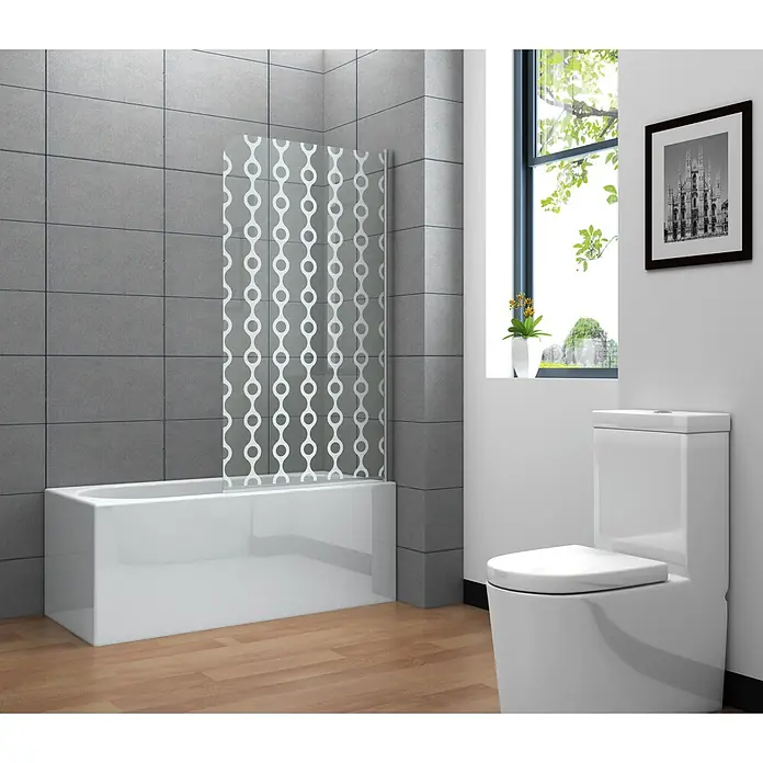Corniche Badewannenaufsatz Retro - B x H: 80 x 140 cm, 1 Stk., Klar - Moderne Badezimmergestaltung mit Badewanne und Duschwand mit kreisförmigem Muster. Helle, freundliche Atmosphäre mit WC und Fenster.