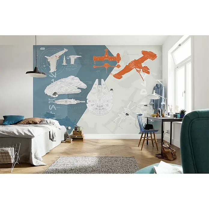 Komar Star Wars Fototapete Technical Plan - 8 -tlg., B x H: 368 x 254 cm, Papier - Star Wars Wandbild mit Illustrationen von Raumschiffen, die eine tolle Atmosphäre im Raum schaffen.